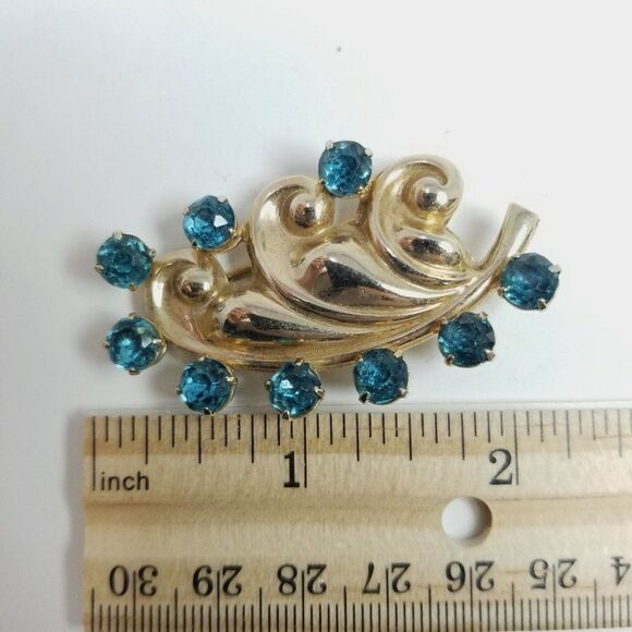 Vintage Barclay Blue Rhinestone and Gold Tone Fur Clip Brooch, 40s Style, Signed - Picture 6 of 8